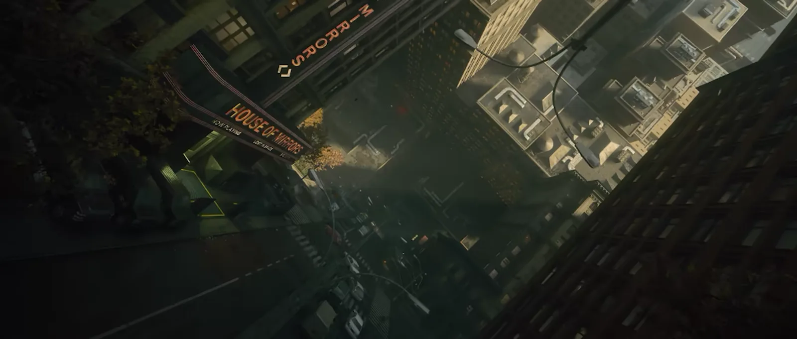 An overhead view of a mirrored Manhattan street lined with storefronts — the districts where the side quests hide; official Control Resonant footage frame