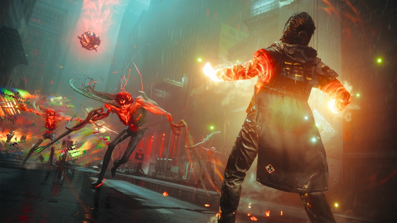 Dylan faces corrupted enemies with charged fists on a rain-soaked street — official Control Resonant screenshot