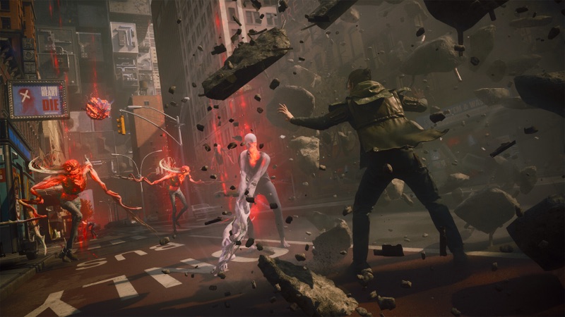 Dylan lifts enemies and street debris telekinetically on a Manhattan block — official Control Resonant screenshot
