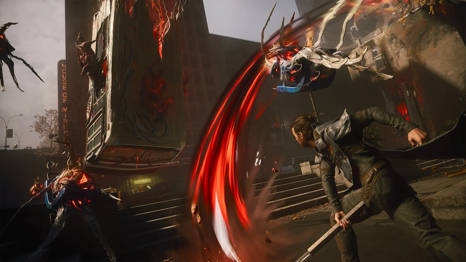 Dylan swings an Aberrant blade in a red energy arc against Patterned creatures under the House of Vigors sign — official Control Resonant screenshot
